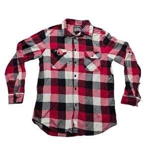 Straight Faded Plaid Flannel Shirt Red Black White Size M
